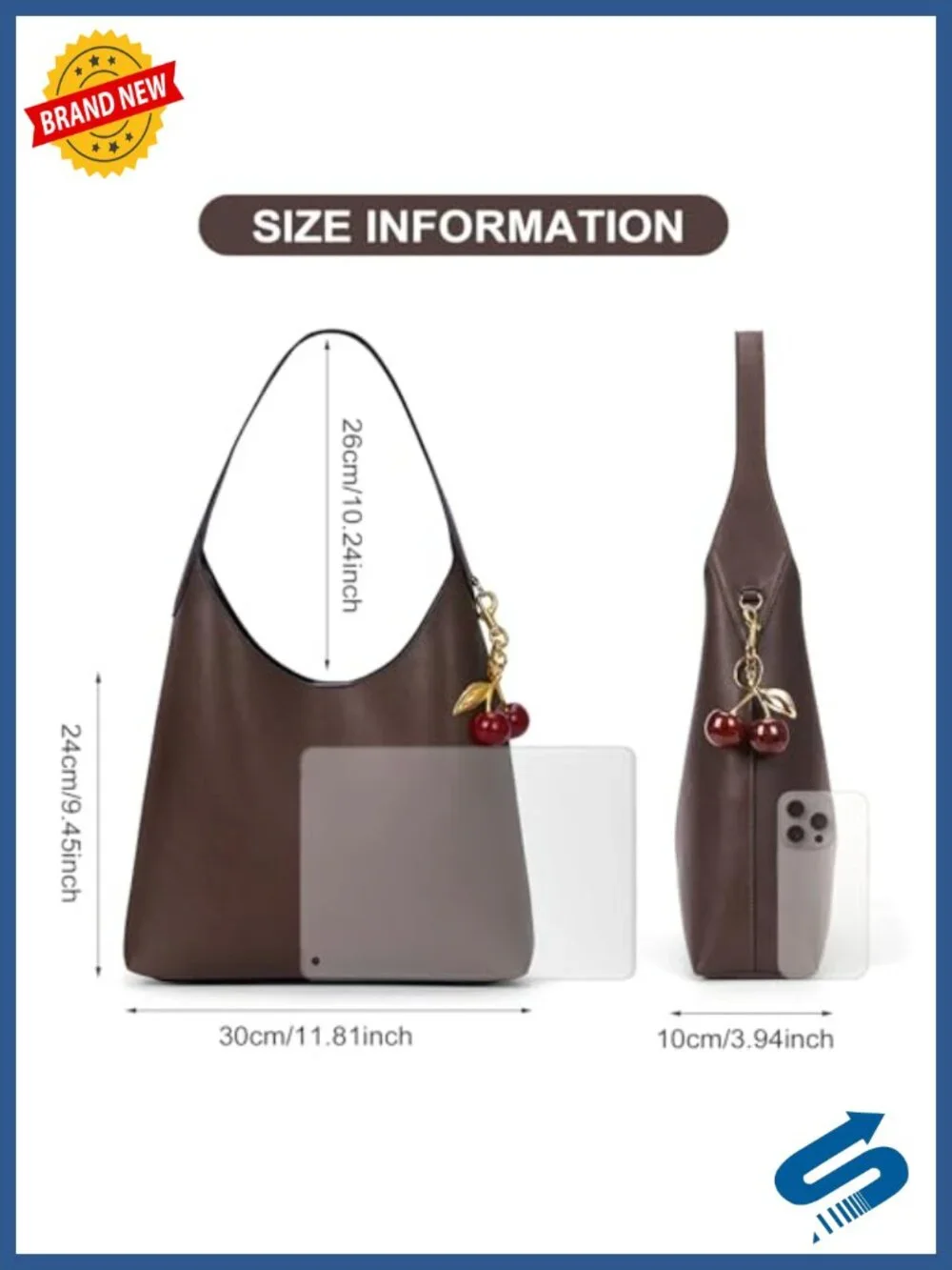 Vegan Leather Medium Hobo Shoulder Bag Tote with Cherry Charm